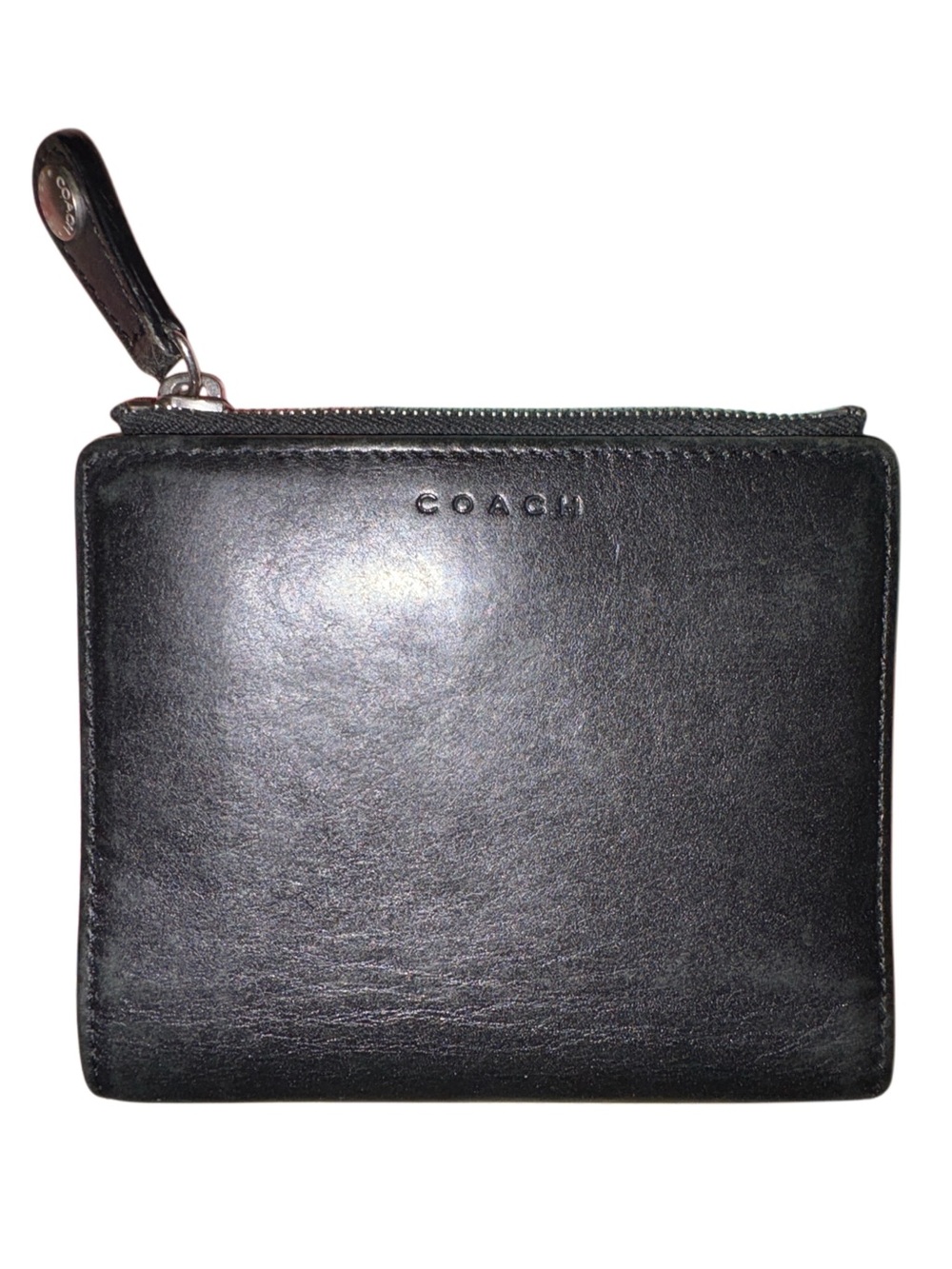 Coach Vintage Black Leather Compact Bifold Wallet Zip Coin Pocket 4.5”